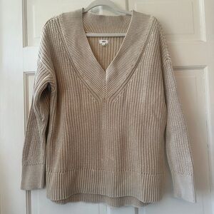 aerie Cream V-Neck Ribbed Knit Sweater